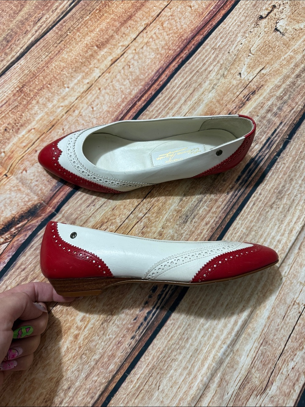 Etienne Aigner Red and White Pointed Leather Brogue Flats